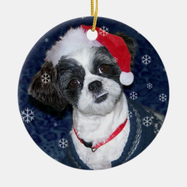 Ornement En Céramique Chien de Shih Tzu de Noël (Devant)