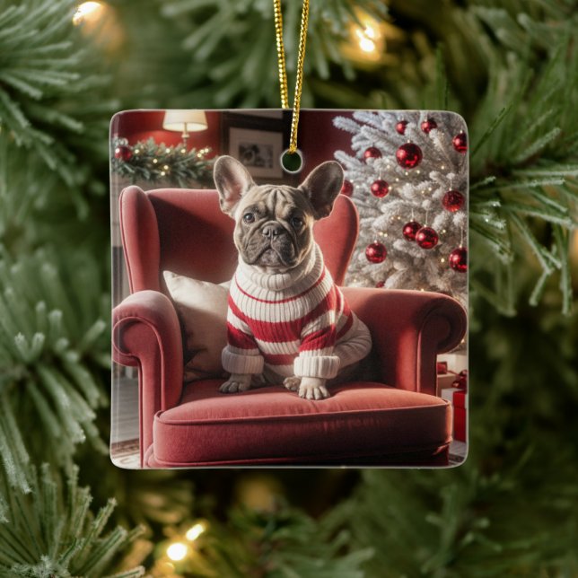 Ornement En Céramique Chien de taureau français de Noël sur une chaise r (Arbre)