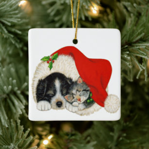 Ornement En Céramique Chien Et Chat De Noël Dans Un Chapeau De Père Noël
