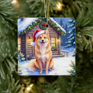 Ornement En Céramique Chien Finnois Spitz Cabine enneigée Chapeau de Pèr