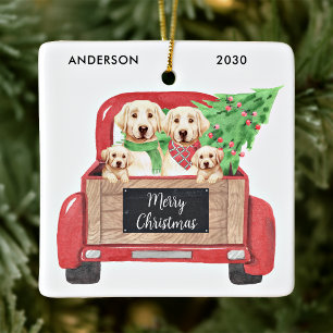 Ornement En Céramique Chien Labrador Jaune Camion Rouge Noël Vintage