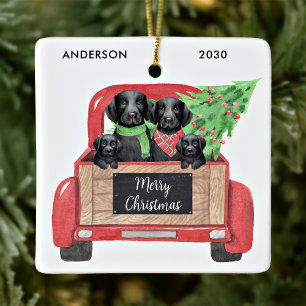 Ornement En Céramique Chien Labrador Noir Camion de Noël Rouge Vintage