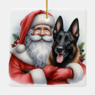 Ornement En Céramique Chien Malinois belge personnalisé avec Père Noël