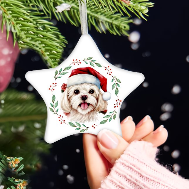 Ornement En Céramique Chien maltais de Noël mignon Personnalisé (Créateur téléchargé)
