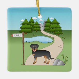Ornement En Céramique Chien Noir Et Tan Rottweiler Par Un Sentier Randon