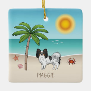 Ornement En Céramique Chien Papillon tricolore sur une plage estivale tr