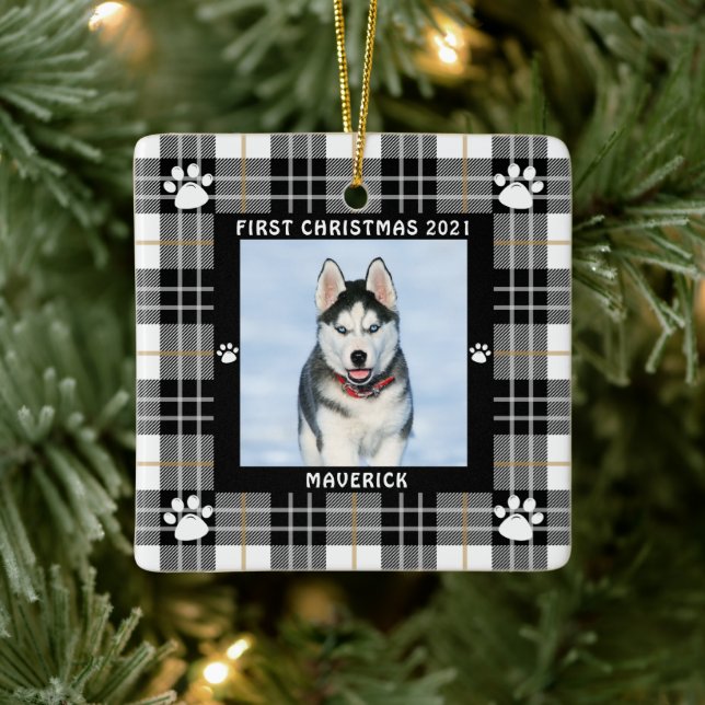 Ornement En Céramique Chien PREMIER NOËL Noir Blanc Plaid Empreinte de p (Arbre)