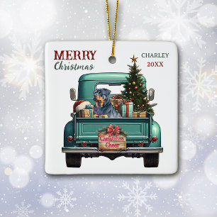Ornement En Céramique Chien Rottweiler Camion Rétro Noël