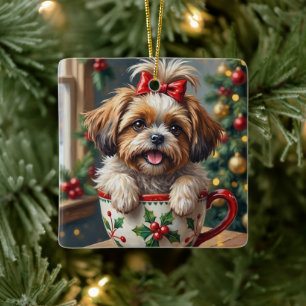 Ornement En Céramique Chien Shih Tzu adorable dans une tasse de Noël - A
