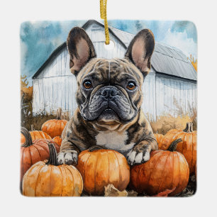 Ornement En Céramique Chien-taureau français dans le Patch Citrouille