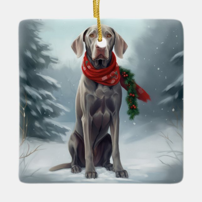 Ornement En Céramique Chien Weimaraner à Noël de neige (Devant)
