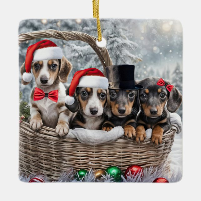 Ornement En Céramique Chiens de marionnettes mignons Dachshund Noël (Devant)