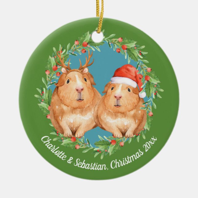 Ornement En Céramique Chiens de Noël Père Noël et couronne de rennes (Devant)