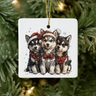 Ornement En Céramique Chiens Husky de Noël