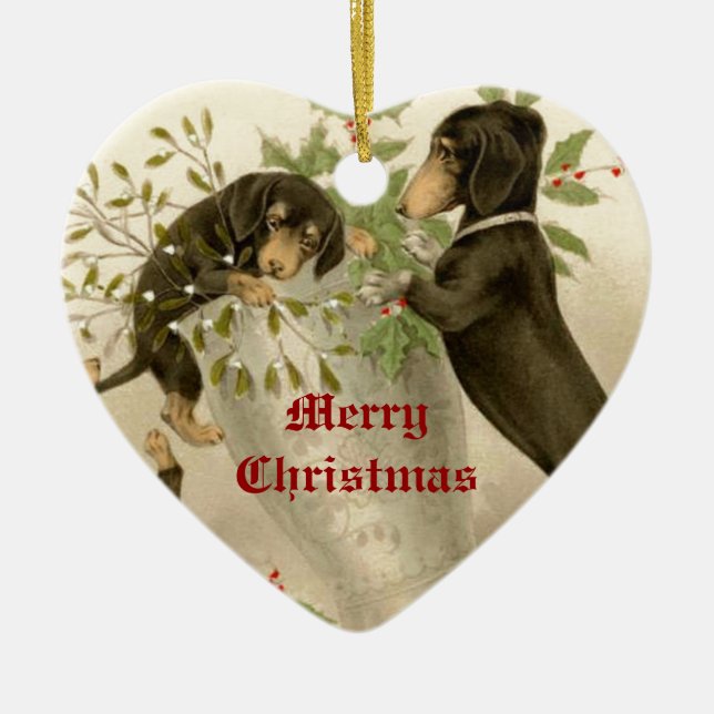 Ornement En Céramique Chiens jouant avec le mistletoe de Noël et la baie (Devant)