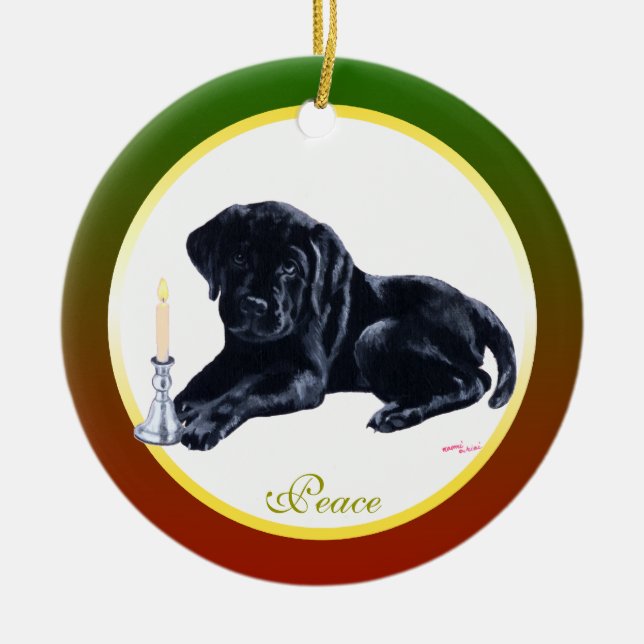 Ornement En Céramique Chiot de Noël noir Labrador personnalisé (Devant)