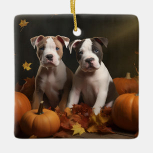 Ornement En Céramique Chiots American Staffordshire Autumn Delight