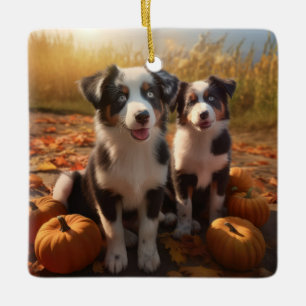 Ornement En Céramique Chiots Berger Australien Automne Délice Citrouille