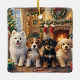Ornement En Céramique Chiots de Noël près de la cheminée et de l'arbre d