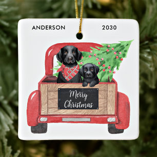 Ornement En Céramique Chiots Labrador Noir Camion Rouge Vintage Noël