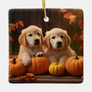 Ornement En Céramique Chiots Retriever Doré Délice d'Automne Citrouille