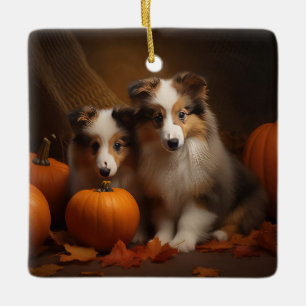 Ornement En Céramique Chiots Shetland Sheepdog Délice d'Automne Citrouil