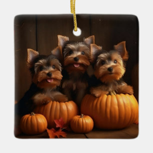 Ornement En Céramique Chiots Yorkshire Terrier Automne Délice Citrouille
