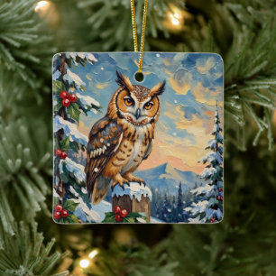 Ornement En Céramique Chouette effraie vintage sur clôture gelée Noël