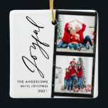 Ornement En Céramique Christmas 2  photo collage typography modern blue<br><div class="desc">Christmas 2 photo collage typography modern blue joyful design.</div>