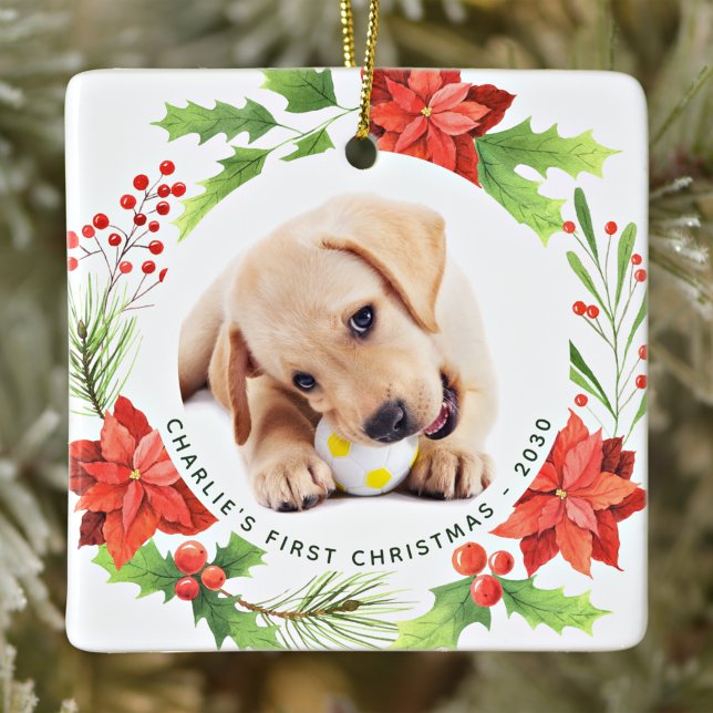 Ornement En Céramique Christmas Animal Custom 2 Chien Photo Poinsettia W (Créateur téléchargé)