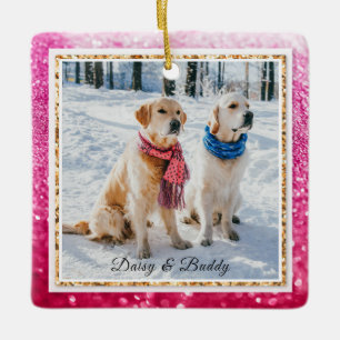 Ornement En Céramique Christmas Dog Puppy Pet Purple Glitter Name Photo