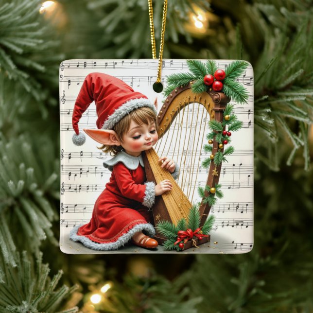 Ornement En Céramique Christmas Elf Playing a Harp (Arbre)