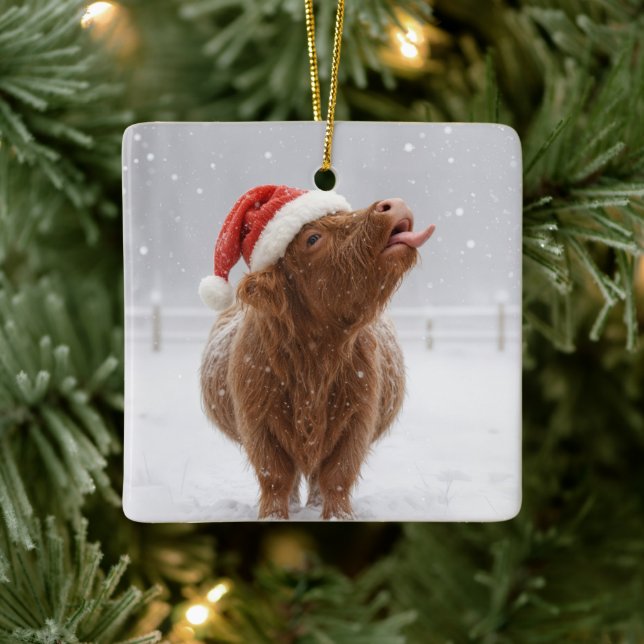 Ornement En Céramique Christmas Highland Cow Catching Snowflakes (Arbre)