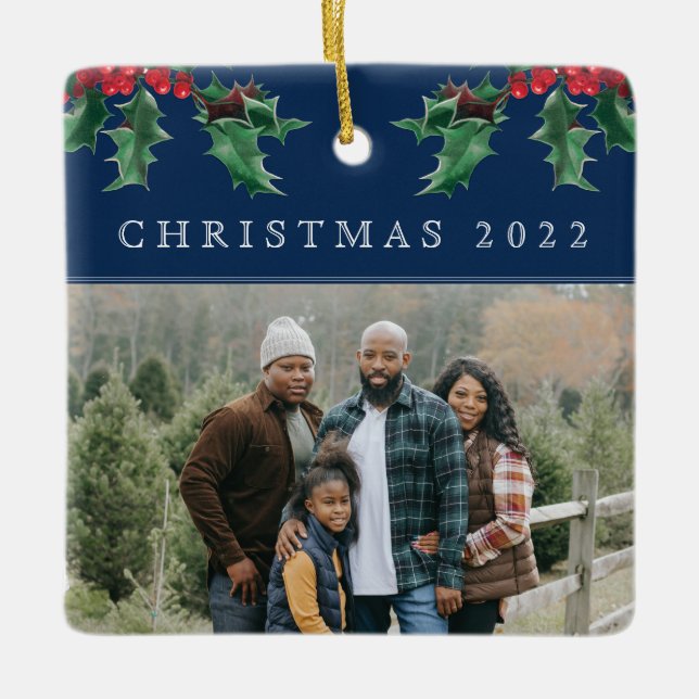 Ornement En Céramique Christmas Holly Berry Simple Photo personnalisée B (Devant)