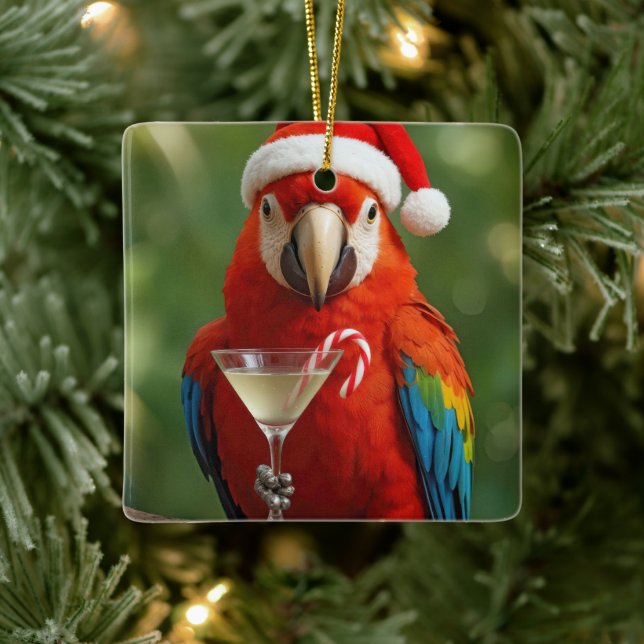 Ornement En Céramique Christmas Parrot Holding a Cocktail (Arbre)