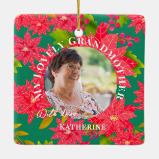 Ornement En Céramique Christmas Poinsettias Red Photo Grandmother Teal