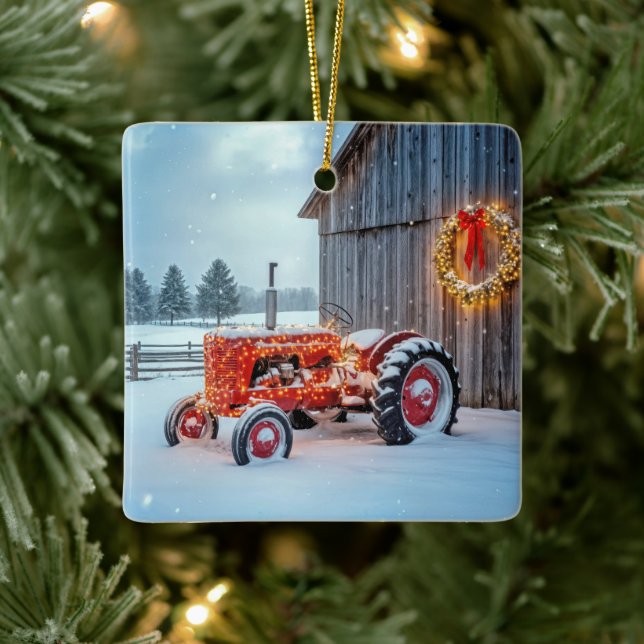 Ornement En Céramique Christmas Red Farm Tractor In Snow (Arbre)