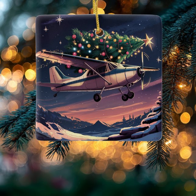 Ornement En Céramique Christmas Tree on Cessna Airplane Photo Funny (Créateur téléchargé)