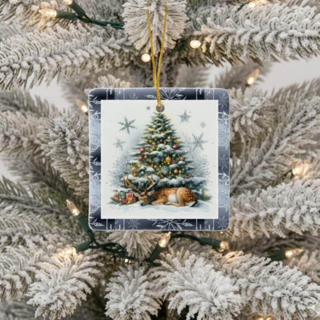 Ornement En Céramique Christmas Tree with Deer   (Nature created ornament with deer sleeping under Christmas tree.)