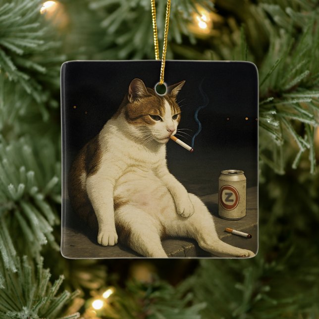 Ornement En Céramique Cigarette Kitten Funny Smoking Cat Gen Z Meme (Arbre)