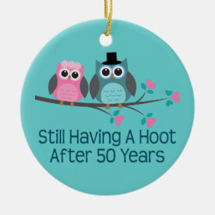 Ornement En Céramique cinquantième Hiboux d'anniversaire de mariage