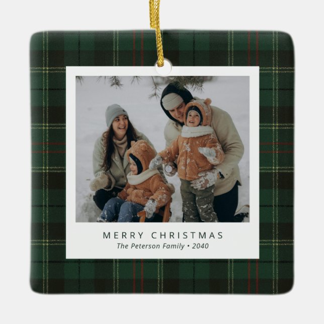 Ornement En Céramique Classic Green Tartan Plaid Family 4 Photo Holiday (Devant)
