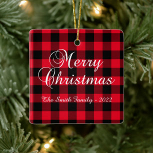 Ornement En Céramique Classic Red Buffalo Plaid Christmas Family Photo