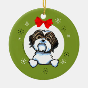 Ornement En Céramique Classique blanc Brown de Noël de Shih Tzu