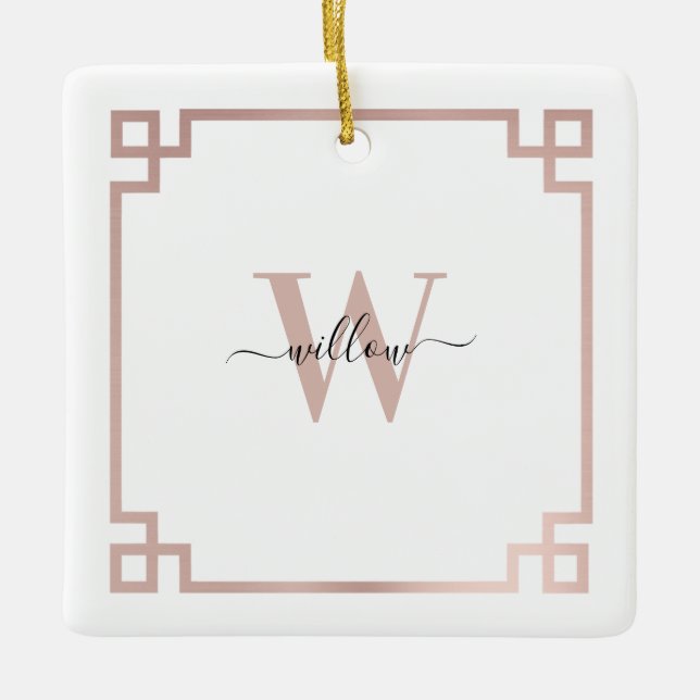 Ornement En Céramique Clé grecque blanche et Rose rose or Monogramme (Devant)