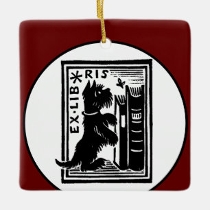 Ornement En Céramique Club de lecture rouge de cru d'ex-libris de chien