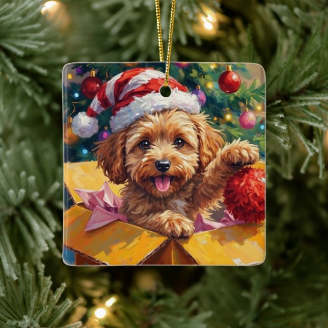 Ornement En Céramique Cockapoo Dog Christmas Gift Box Surprise (Arbre)