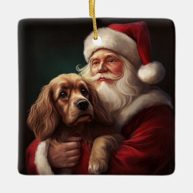 Ornement En Céramique Cocker Spaniel avec Noël Festif du Père Noël (Devant)