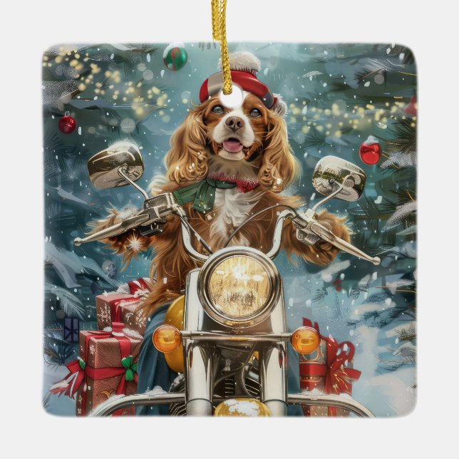 Ornement En Céramique Cocker Spaniel Chien équitation Moto Noël (Devant)