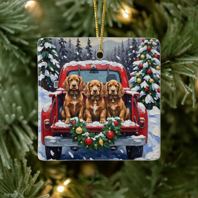 Ornement En Céramique Cocker Spaniel Christmas Red Truck Holiday (Arbre)